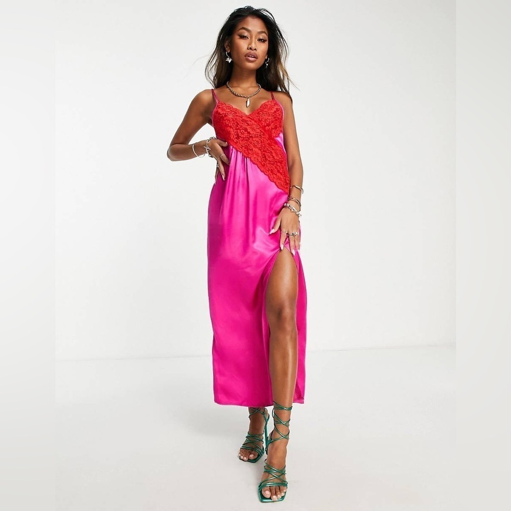 Topshop Size 10 Contrast Sheer Lace Color Block Slip Maxi Dress Pink Red